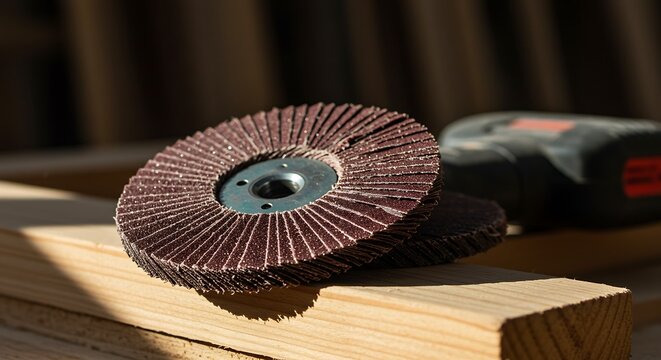 Flap Disc on Wood with Power Tool Background.