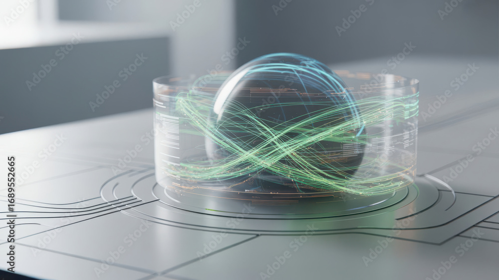 Aufkleber abstract glowing sphere with green energy lines inside a transparent cylinder on a futuristic circui