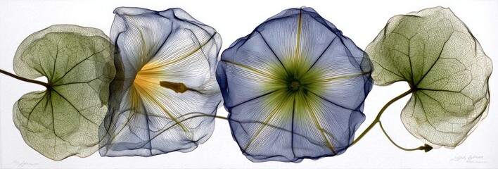 A detailed, translucent x-ray-like portrayal of morning glory blossoms and leaves, showcasing intricate vein patterns in muted shades of blue, gray, and green.