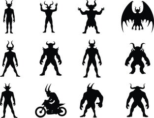Black demon silhouette characters, fantasy monster figures, horned creatures, winged beasts, dark mythology icons, flat vector illustration set, isolated on white background, CAD drawing