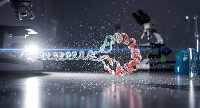 A glowing, intricate DNA helix model floats in a laboratory setting, surrounded by scientific equipment and sparkling particles, suggesting a breakthrough in genetic research. - Powered by Adobe