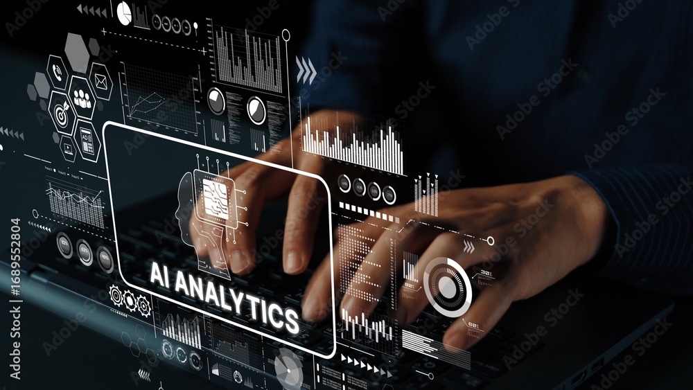 Poster hands typing on laptop with overlay of ai analytics data visualization in modern office environment.