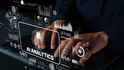 Hands Typing on Laptop with Overlay of AI Analytics Data Visualization in Modern Office Environment. Asymptotic smart data analytic.