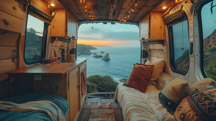 Vanlife scene with open van doors showing cozy interior, parked by a cliff with Pacific Ocean below, bohemian lifestyle.