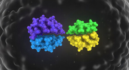 A vibrant, abstract 3D rendering depicts a molecular structure composed of four distinct, colorful protein subunits interacting in a complex arrangement agai...