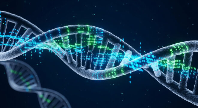 A glowing, intricate double helix DNA strand with vibrant blue and green digital data flowing along its structure, set against a dark, cosmic background.
