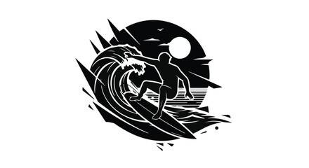 Silhouette of a surfer riding a large wave at sunset, capturing the thrill of ocean sport.