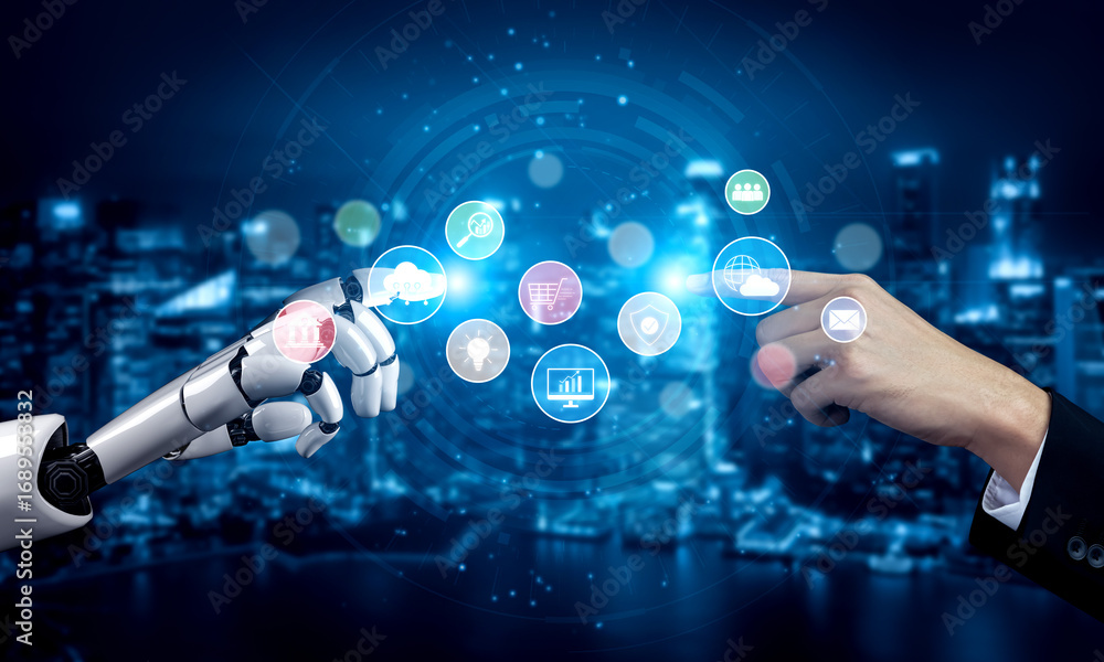 Aufkleber ai assists in organizing and visualizing a digital ecosystem of business icons to represent key serv