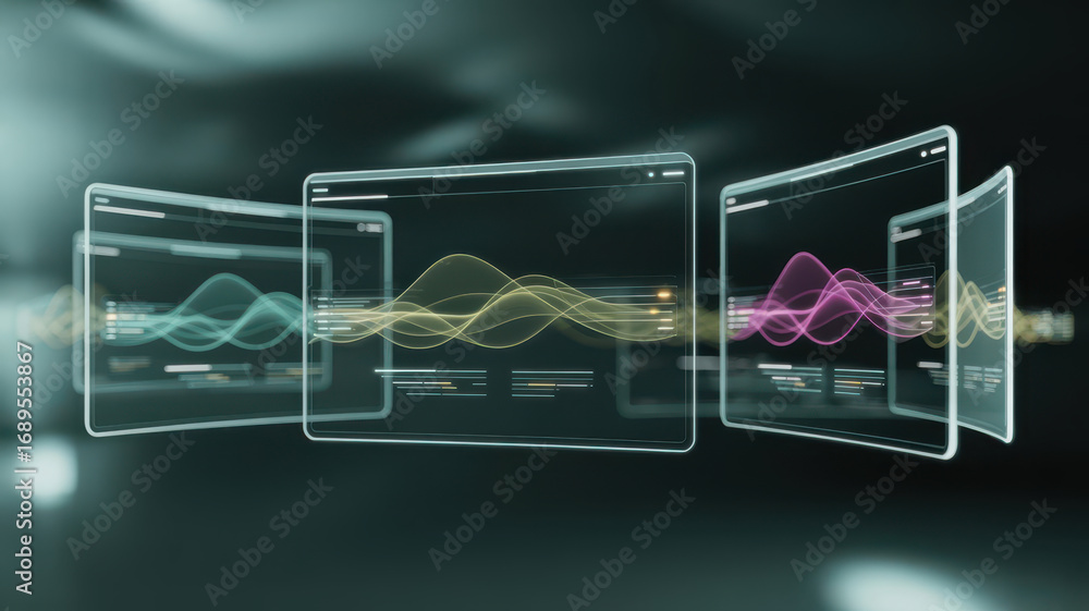 Poster multiple transparent screens display flowing, colorful waveform data, representing sound or digital 