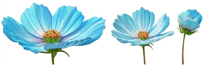Three vibrant, light-blue cosmos flowers are displayed in different stages of bloom against a plain white background, showcasing detailed petal structures and a delicate center.