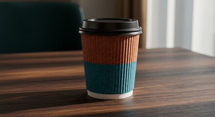 Sunlight Stripes Across a Takeaway Coffee Cup on a Wooden Cafe Table.