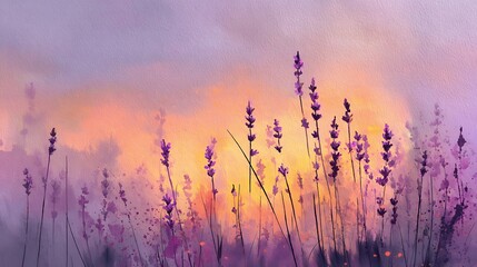 Soft focus lavender field at sunset with hazy orange and purple sky