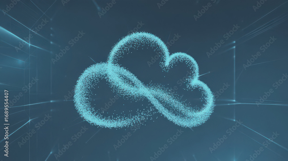 Aufkleber abstract digital cloud symbol made of glowing particles on a dark blue futuristic background with li