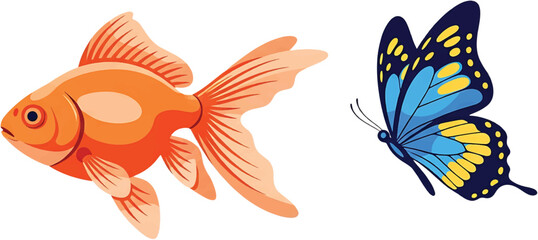 Fototapeta premium A conceptual illustration pairing an aquatic orange goldfish with a flying blue butterfly, symbolizing different elements of nature