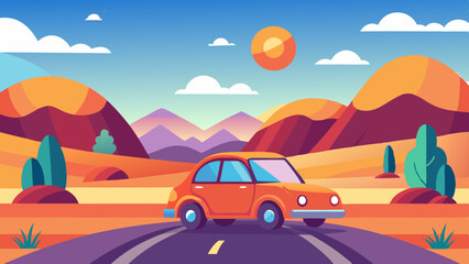 Naklejka premium landscape with a cute car on the road vector background