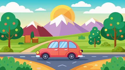 Fototapeta premium landscape with a cute car on the road vector background