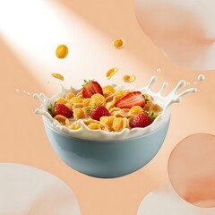 Delicious cereal with fresh strawberries and milk splash