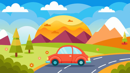 landscape with a cute car on the road vector background
