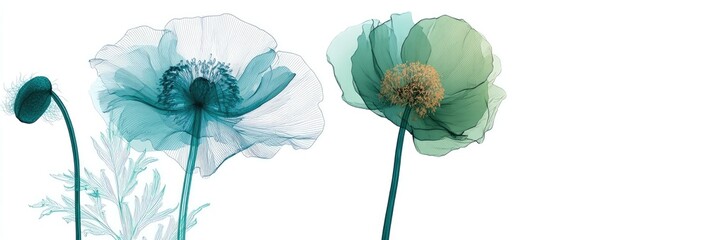 Three delicate, translucent flowers in teal, mint, and light teal shades, with intricate detail and soft light, are set against a bright white background.