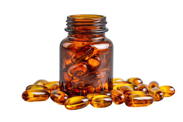 Amber glass bottle filled with translucent orange capsules, surrounded by loose capsules