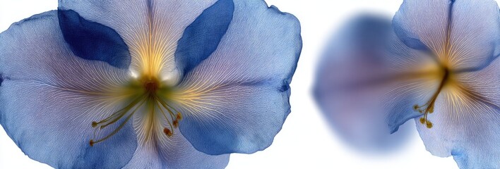 Delicate, translucent blue flowers, showcasing intricate petal details against a plain white background, creating a serene and ethereal aesthetic.