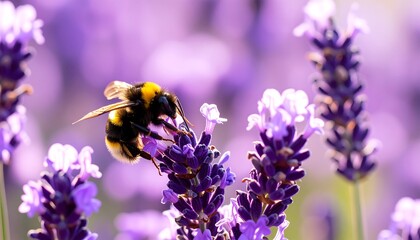 A bee pollinates a lavender flower