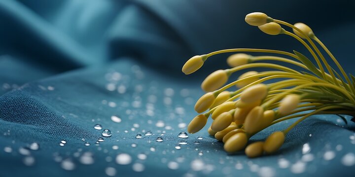 Artistic composition of yellow flower buds gracefully resting on a textured teal fabric adorned with delicate water droplets in a soft focus