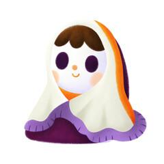 Adorable baby halloween ghost wrapped in a blanket isolated transparent background.
