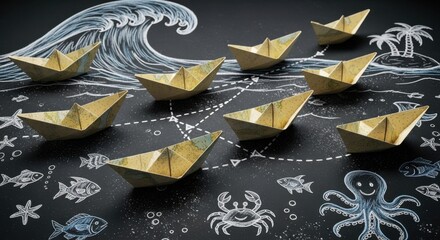 Paper Ships Navigating a Chalkboard Ocean with Tropical Island Dreams