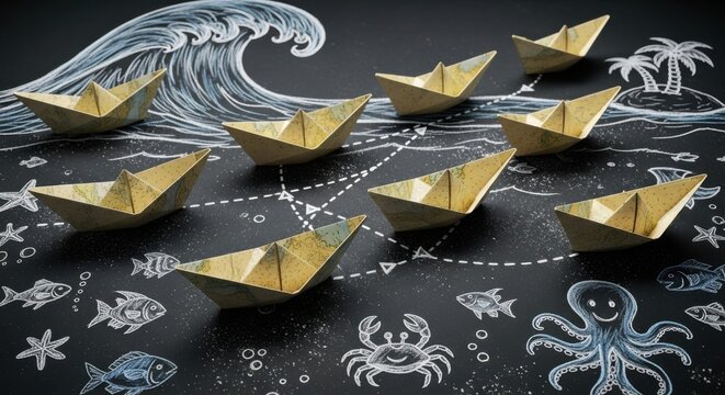 Paper Ships Navigating a Chalkboard Ocean with Tropical Island Dreams