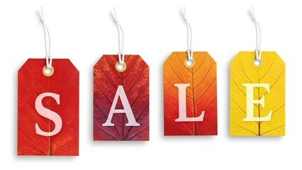 Four colorful autumn sale tags featuring the word SALE, symbolizing seasonal discounts and shopping promotions with a natural backdrop