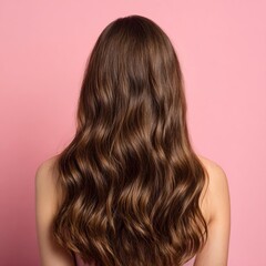 Naklejka premium A lovely image showcasing long wavy hair against a soft pink background creating a serene and elegant atmosphere