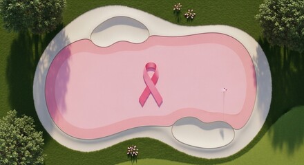 Pink Ribbon Symbol in Golf Course Sand Trap for Breast Cancer Awareness
