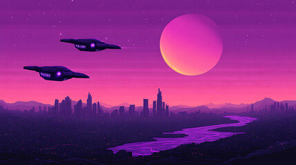 Futuristic Cityscape With Hovering UFOs