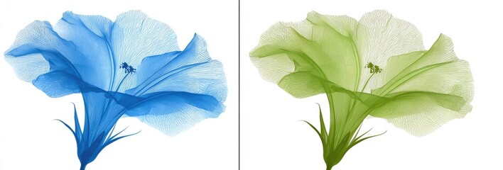 Two vibrant, translucent flowers, a striking blue and a light green, stand out against a stark white background.  Their delicate, almost ethereal, structure is highlighted with intricate detail.