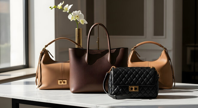 Elegant leather handbags collection display, perfect for fashion, luxury, and lifestyle branding