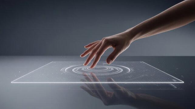 Closeup of a persons hand reaching out to touch a glowing, transparent digital interface with circular patterns, symbolizing advanced technology