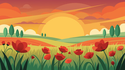 Fototapeta premium sunset over a field of poppies painting the lands