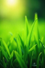 Close-up shot of vibrant green grass blades gently swaying in the breeze, sunlight illuminating dew drops A tranquil scene evoking freshness and renewal , growth, sunlight