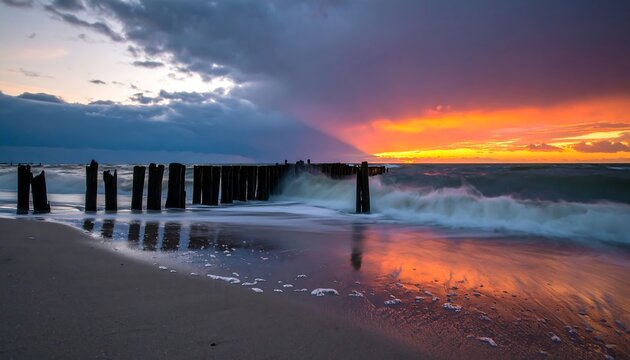 Dramatic sunset over a beach with wooden breakwater