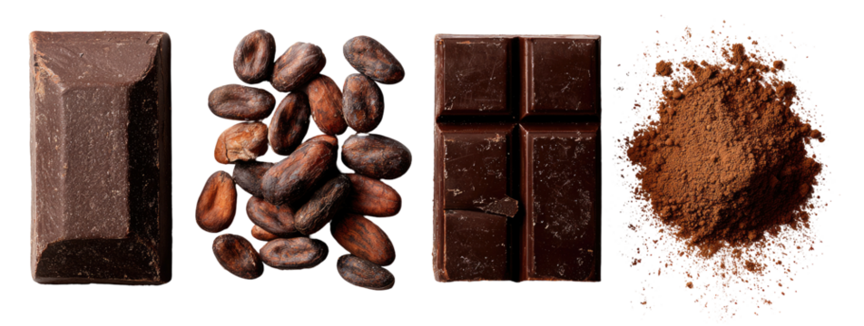 Dark chocolate, cacao beans, and cocoa powder
