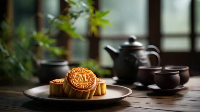 Traditional mooncakes, Chinese tea ceremony, Mid-Autumn Festival dessert, festive food presentation, cultural celebration, seasonal pastry, oriental tea set