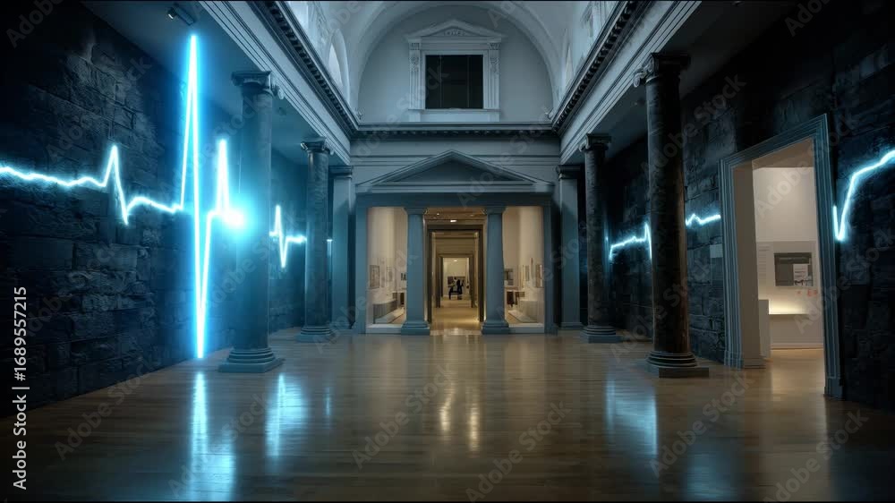 Aufkleber inside a building with columns, neon lines in the shape of a heartbeat glow on the walls and reflect