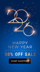 2026 Happy New Year Sale shining vertical template for social media posts, web banners, posters, rollups. Blue and golden modern design