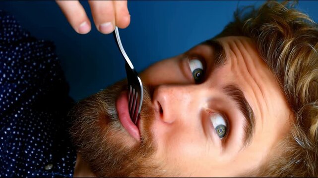 A young bearded man holds a fork and looks upward with a comical smirk on his face against a blue wall