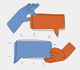Cartoon vector illustration of a hand holding speech bubble as a metaphor for communication, freedom of speech, and dialogue