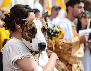 Woman holding dog at religious event