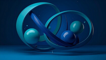Abstract composition of teal and blue rings and spheres