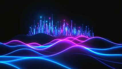 Futuristic Digital Cityscape in Blue and Purple Waves