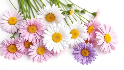Fototapeta premium Collection of daisy flowers arranged on a white background, bathed in natural daylight.